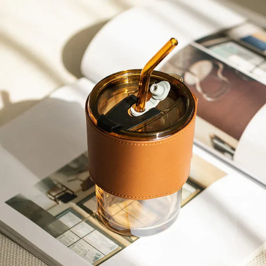 Glass Tumbler with Leather Grip, Lid and Straw